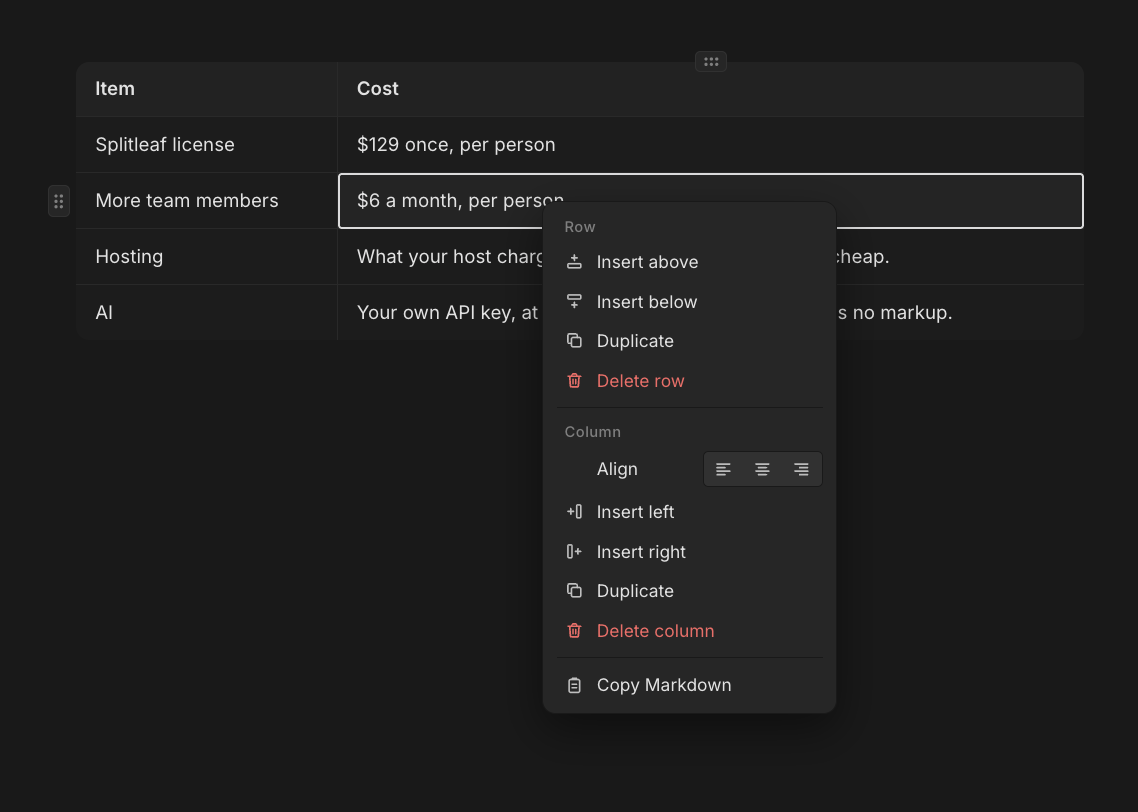 Manage tables with ease using new edit handles and a context menu