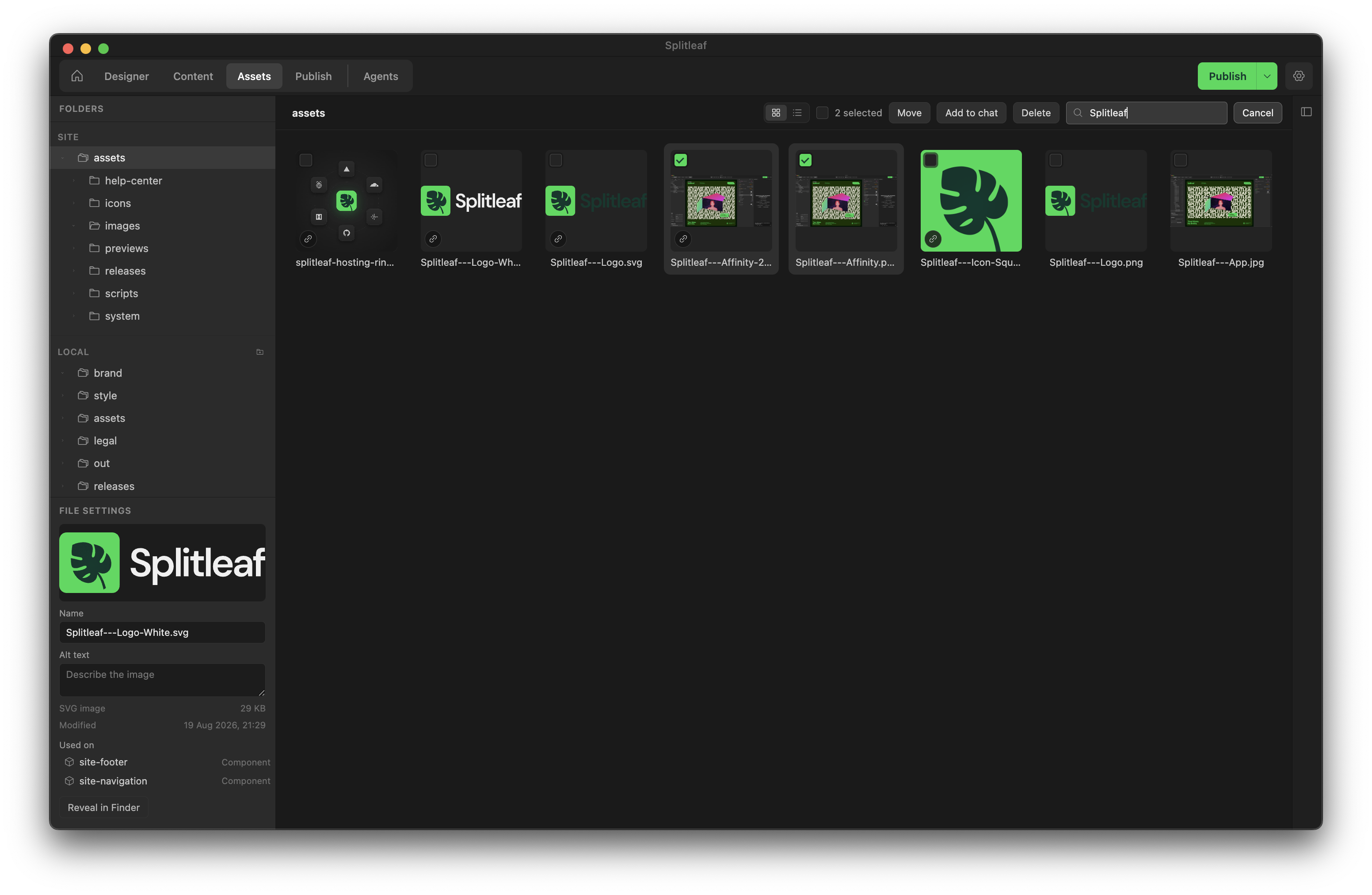 Assets grid view with two images selected and the Move, Add to chat and Delete buttons, and the file settings showing where the file is used