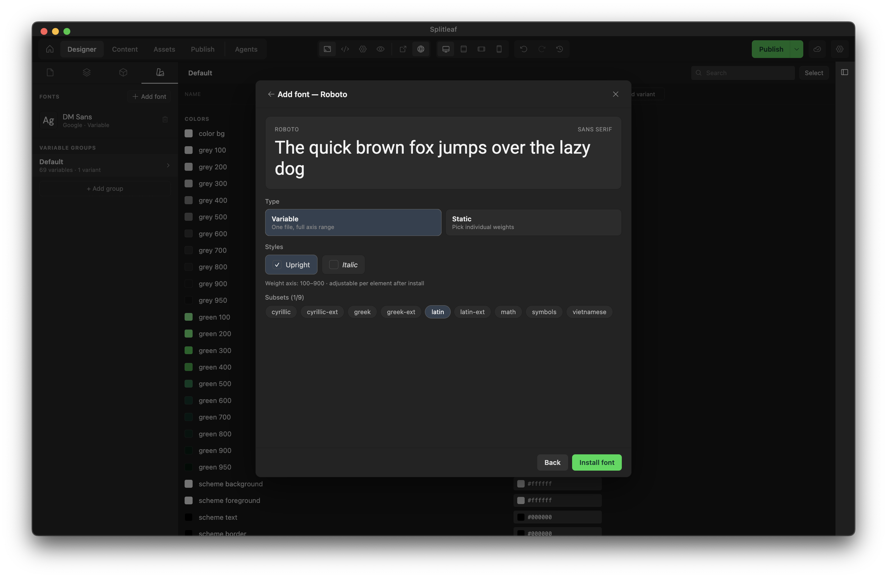 Add font dialog for Roboto with a preview, the Variable or Static type, Upright and Italic styles, and the subsets
