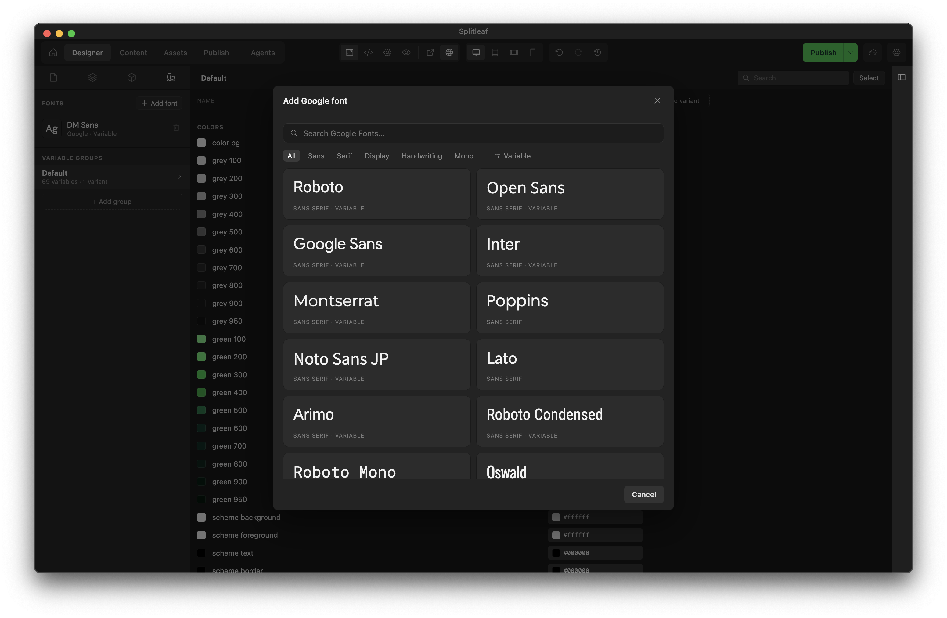 Add Google font dialog with a search field, category filters and a grid of fonts such as Roboto, Open Sans and Inter
