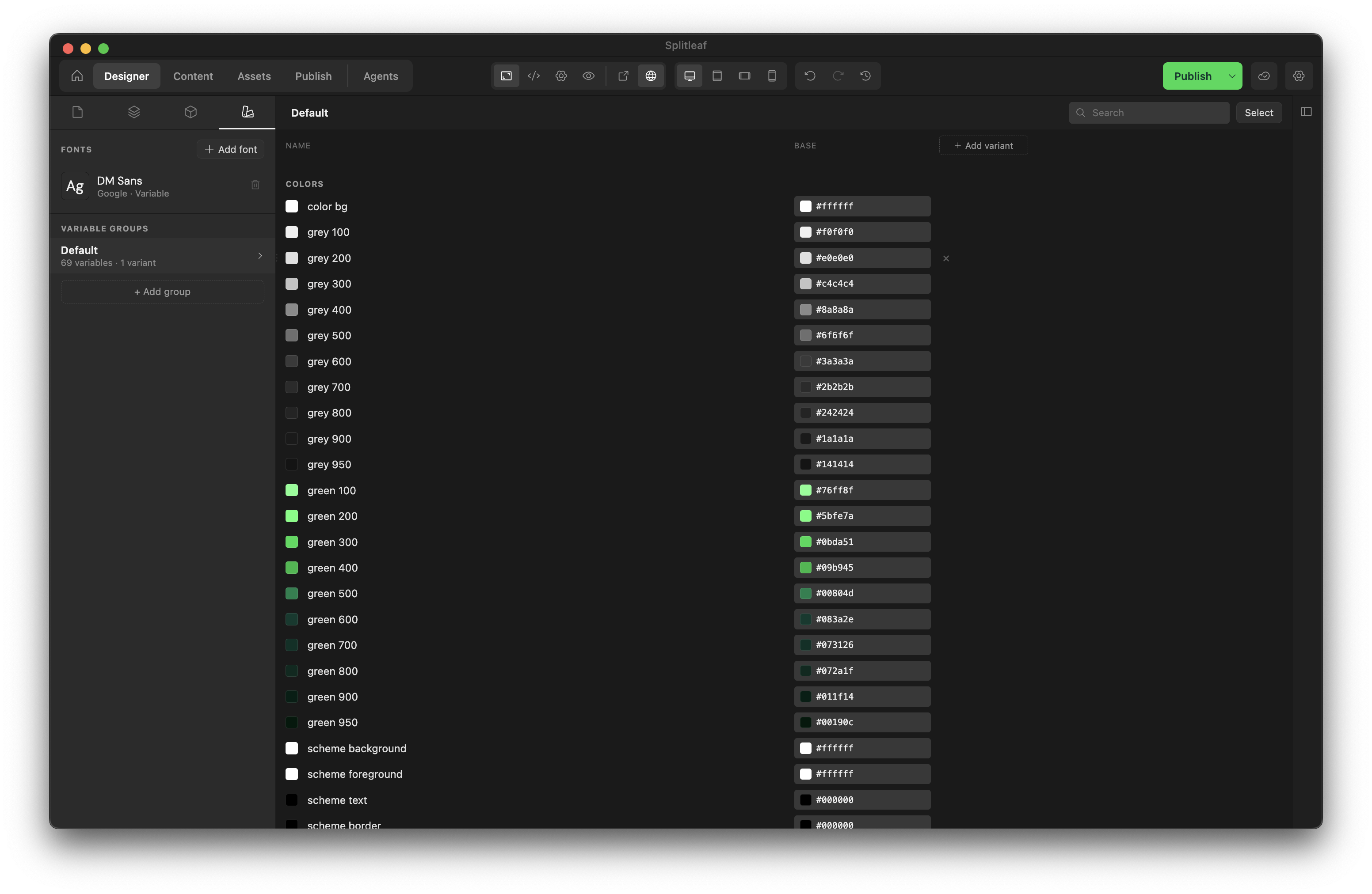 Brand view with the DM Sans font and the Default variable group, listing color variables and their values