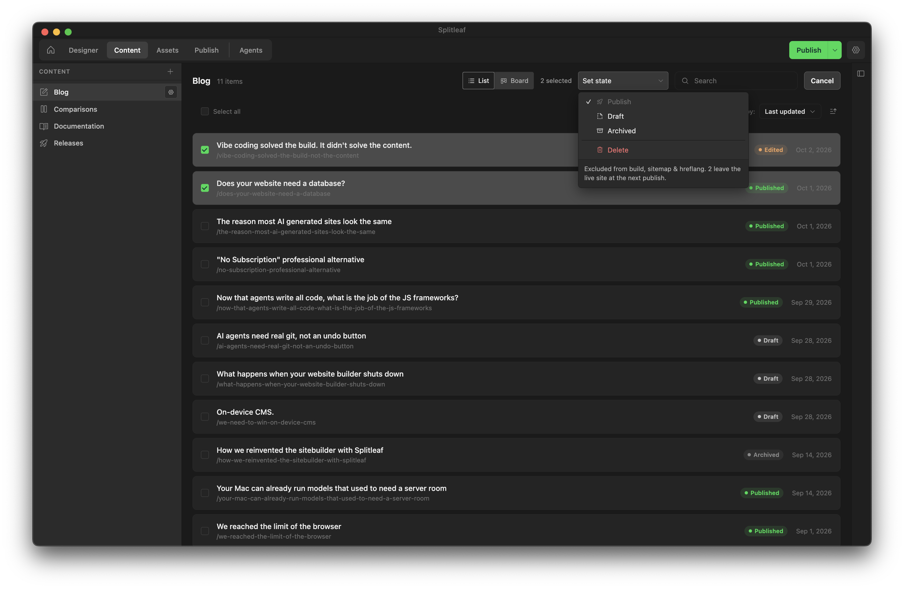 Blog list in the Content pane with two posts selected and the Set state menu open, showing Publish, Draft, Archived and Delete