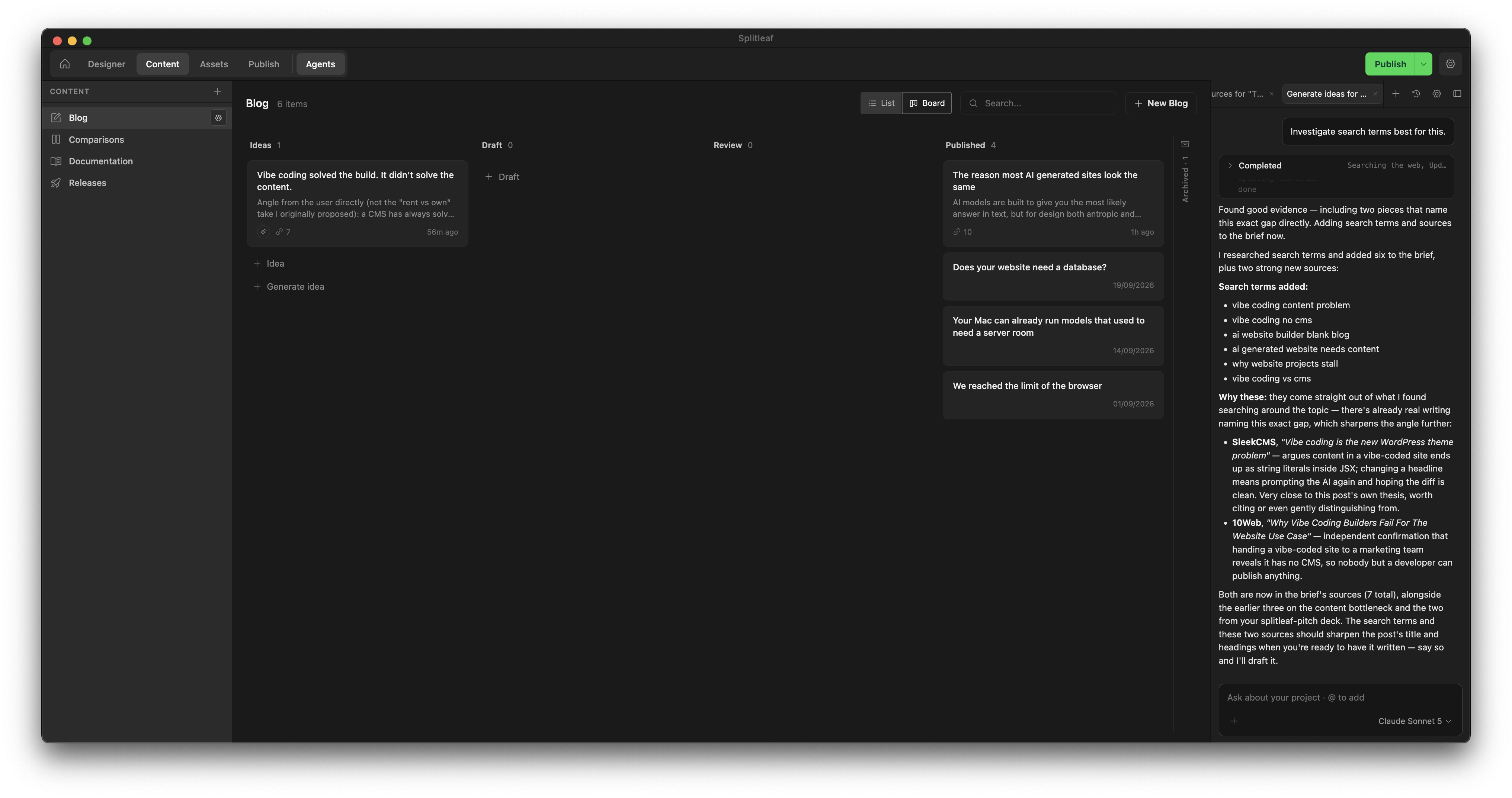 Content pane Board view showing blog ideas across Ideas, Draft, Review and Published columns with the Agent panel open