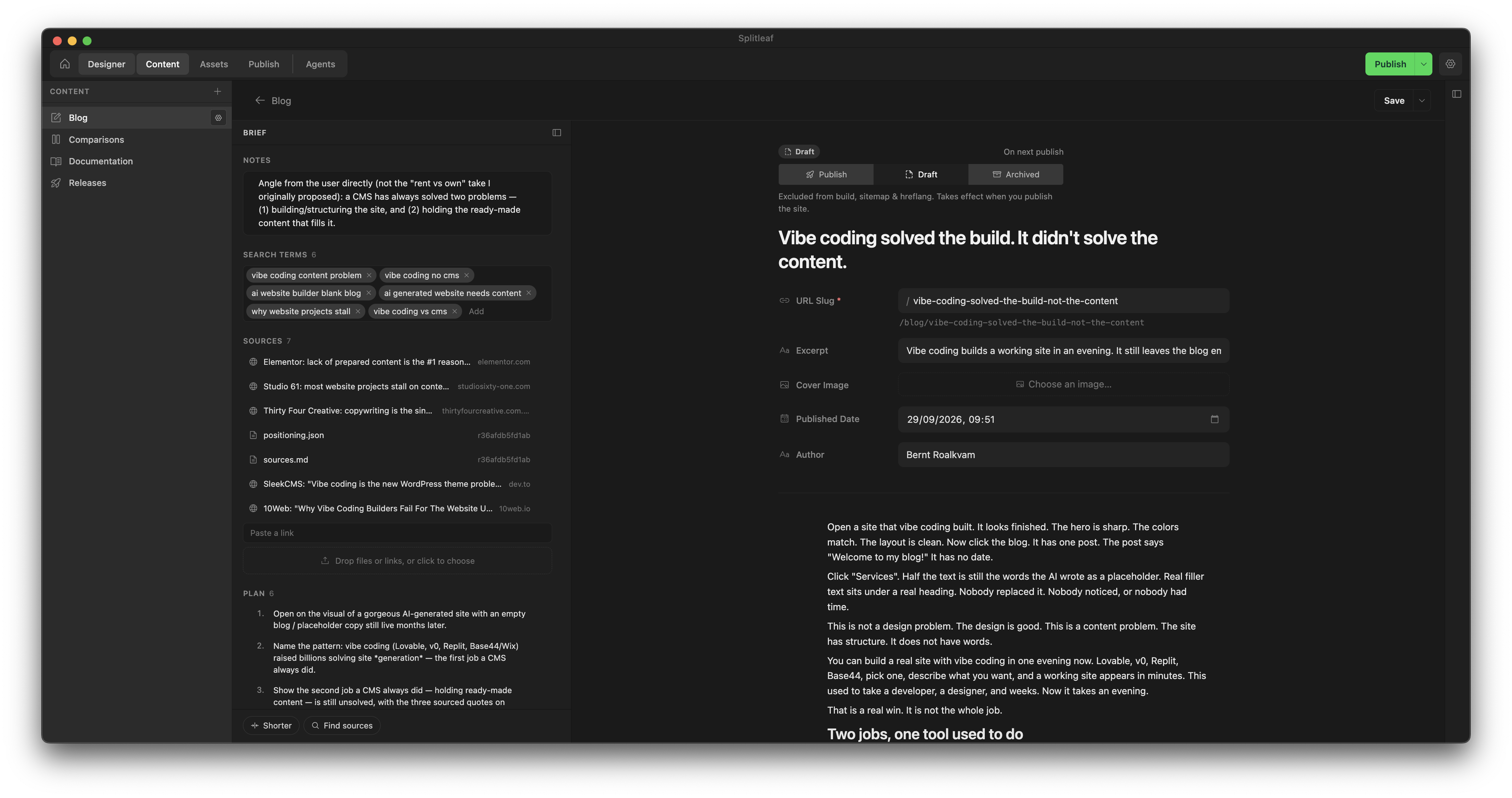 Content pane showing a blog post draft with brief, notes, search terms, sources and plan alongside the editable article body